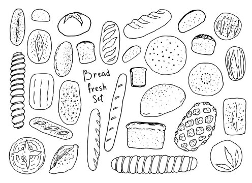 vector fresh drawn bread on a white background. set of black line doodles of various types of bread loaves and tortillas, whole and pieces with texture and various sprinkles of seed crumbs on top and 