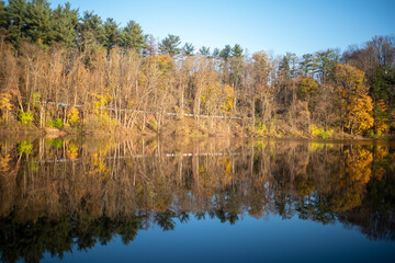Beautiful serene reflection of an Autumn woodland scene in a clear blue lake.