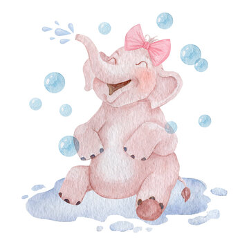 Baby girl elephant taking bath watercolor illustration. Children hygiene illustration concept. Hand painted pink elephant isolated on white background.
