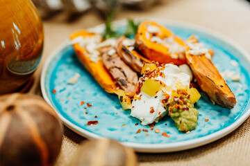 Healthy vegan food for a balanced diet rich in vitamins. Organic and regional products. Sweet potatoes