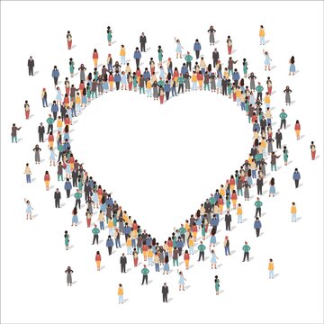 Large group of people forming human heart shape frame standing together, flat vector illustration. People crowd gathering. Love, appreciation, social community.