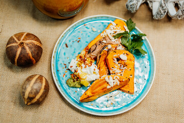 Healthy vegan food for a balanced diet rich in vitamins. Organic and regional products. Sweet potatoes