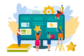 Business people use kanban board management concept, vector illustration. Scrum team project work, man woman cartoon character have task at meeting. Agile work flat development strategy.