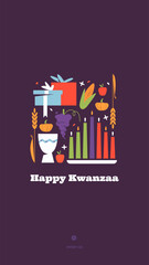 Happy Kwanzaa vertical vector social media story template with the symbols of African Heritage - kinara candles, crops, corn, unity cup and holiday gifts on purple background.
