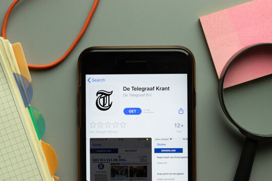 New York, USA - 26 October 2020: De Telegraaf Krant mobile app logo on phone screen close up, Illustrative Editorial