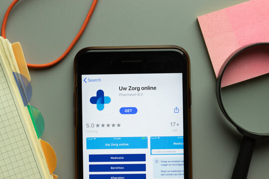 New York, USA - 26 October 2020: Uw Zorg Online mobile app logo on phone screen close up, Illustrative Editorial