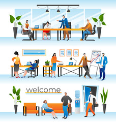 Business team people work in office set, vector illustration. Teamwork job meeting with flat man woman person, corporate workplace. Professional group with computer, worker design.
