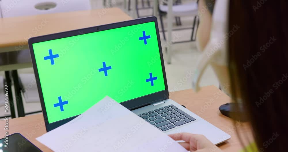 Poster woman use green screen laptop