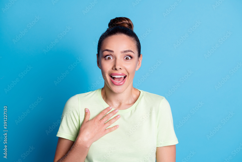 Poster photo of impressed girl touch hand chest scream isolated over blue pastel color background