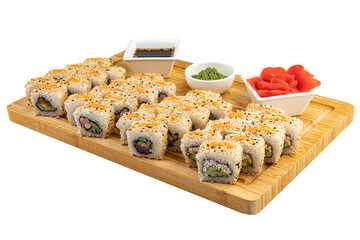 Set of sushi rolls on a wooden board. Isolated on white background. Traditional Japanese cuisine