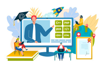 Online education study technology concept, flat computer web university vector illustration. Business it knowledge, information and digital training for internet student people character.