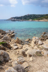 Fototapeta na wymiar Cala Cipolla beach with clear turquoise water near Chia, Sardinia island, Italy