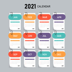2021 calendar template with paper note style.	