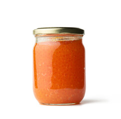 glass jar with fresh pink salmon caviar isolated on white background
