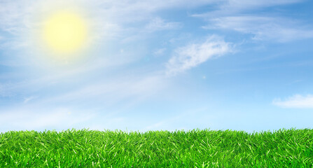 Green lawn against a friendly sunny sky. Studio shot of a green lawn. Warm backdrop.  Sun on left and copy space on right
