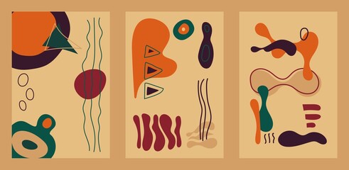 Abstract cards with hand drawn elements in autumn color palette. Beige background, vertical design