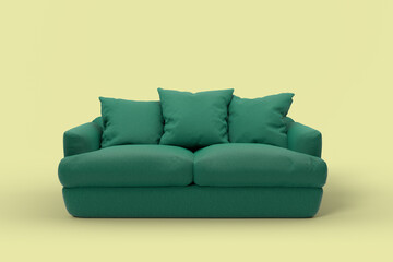 Green couch with pillows on studio yellow background.