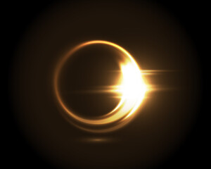 Circular lens flare golden light effect. Abstract ellipse yellow luxury shining rotational glow line. Power energy element. Glowing ring trace background. Round shiny vector circle swirl trail