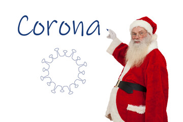 Weihnachtsmann schreibt Corona an eine Wand