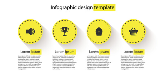 Set Speaker volume, Trophy cup, Pope hat and Shopping basket. Business infographic template. Vector.
