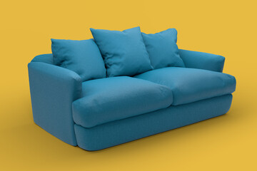Emerald couch with pillows on studio yellow background.