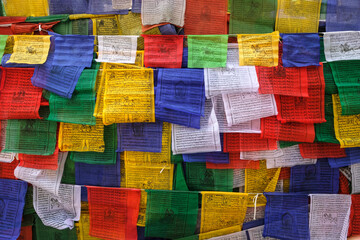 Siliguri, India - November 2020: Prayer flags at a Buddhist temple in Siliguri on November 7, 2020 in West Bengala, India.