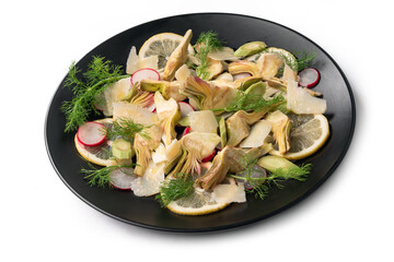 Insalata di carciofi freschi con ravanelli, parmigiano e olio extra vergine di oliva, cucina Italiana