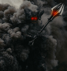 Mutant warrior stands and holds mace against a background of black smoke.