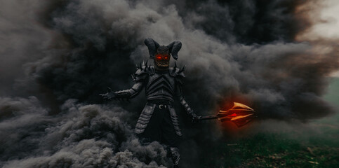 Mutant warrior stands and holds mace against a background of black smoke.