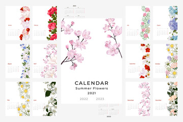 2021, 2022, 2023 calendar template with a floral theme