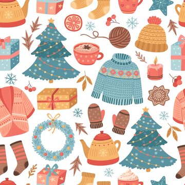 Fototapeta Cozy christmas pattern. Winter gift, mug drink scandinavian holiday. Creative xmas decoration, mittens sweets vector seamless texture. Illustration xmas backdrop seamless, sweet dessert and gifts