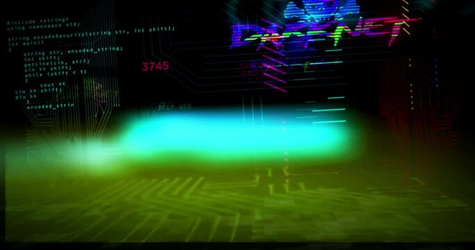 Darknet futuristic cyberpunk style loop animation. Seamless loopable flight through the virtual city. Modern abstract 3d rendering intro. Cyber crime, darkweb, piracy, illegal network, hacking and the