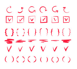 Doodle check marks. Hand drawn lines, red pen tick markings and brackets. Marker drawing scribble positive vote, ok or correct vector signs. Illustration doodle circle stroke mark, hand marker sketch