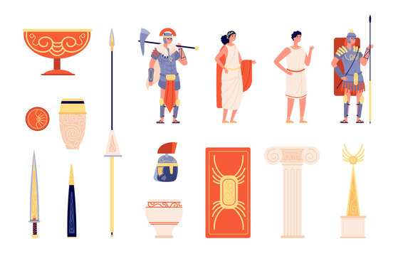Ancient rome elements. People and weapons, isolated roman empire warrior. Greek amphora, europe historic culture symbols vector illustration. Historical warrior roman, ancient soldier antique elements