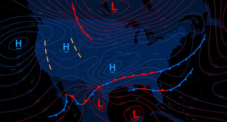 Weather forecast map. Meteorological concept on dark backgrounds. Vector illustration. - obrazy, fototapety, plakaty