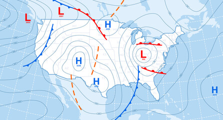 Weather forecast map. Meteorological concept on blue backgrounds. Vector illustration.