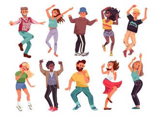Dancing people. Happy cartoon teens, young modern person dance. Fun music party, isolated group of adult friend celebrate fest vector set. Dance girl and boy together, excited activity illustration