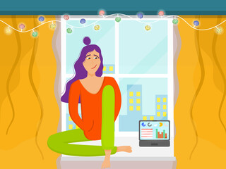 Freelance girl on the windowsill with a laptop, distracted from work and daydreaming. Christmas garland on the cornice. Vector illustration in flat style..
