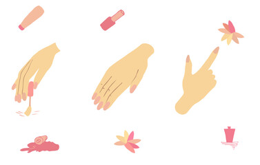 Women's hands with colorful manicure, nail Polish bottles, color palette. Gestures of the hands for manicure. Materials for hand and nail care. Beauty salon.