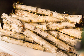 Close up of holidays location with light wood in fireplace