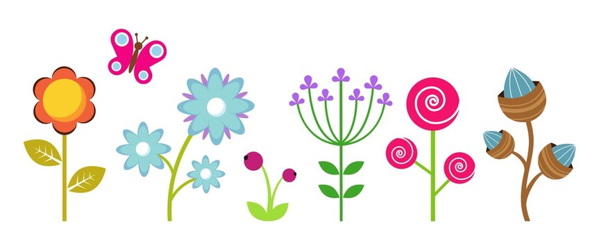 Flat flowers border. Colorful abstract floral elements, decorative children plants vector clipart. Flower blooming multicolor minimal, seasonal trendy bloom illustration