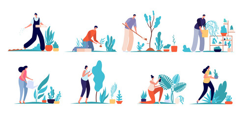 Gardening people. Garden characters, agriculture labor persons. Cartoon gardener man woman care green flowers, eco hobby utter vector set. Illustration agriculture and farming, gardening