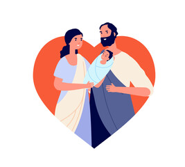 Holy bible family. Little jesus christ, biblical story parent with baby character. Cartoon god birth, christmas religion utter vector concept. Illustration family jesus, christian bible religion