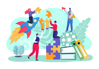 Business teamwork for idea, team people make puzzle concept, vector illustration. Businessman woman put together jigsaw for success work. Partnership, cooperation connect flat design.