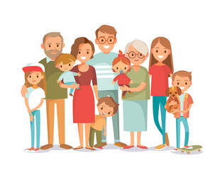 Big happy multi-generational family siblings relatives portrait. Vector people. Seniors mother and father with babies, children grandchildrens and grandparents. Grandma grandpa mom dad.