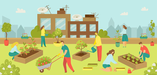 Urban building with flat garden at rooftop concept, vector illustration. City agriculture gardening people at green nature background. Man woman plant terrace at skyscraper design.