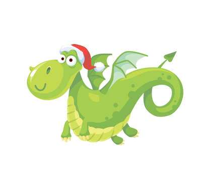 Vector image of cute little childish drawn sytle flying dragon dinosaur fairy tale cartoon character in the Santa's hat