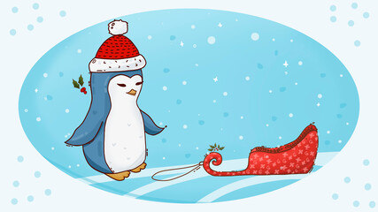 Cute cartoon penguin with a sled as an emblem. Isolated illustration.