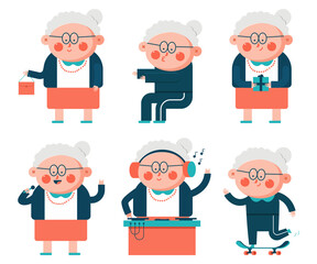 Cute old granny vector cartoon characters set isolated on a white background.