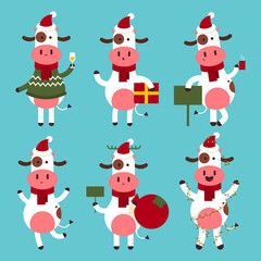 Cute Christmas bull in Santa hat vector cartoon funny characters set isolated on background.
